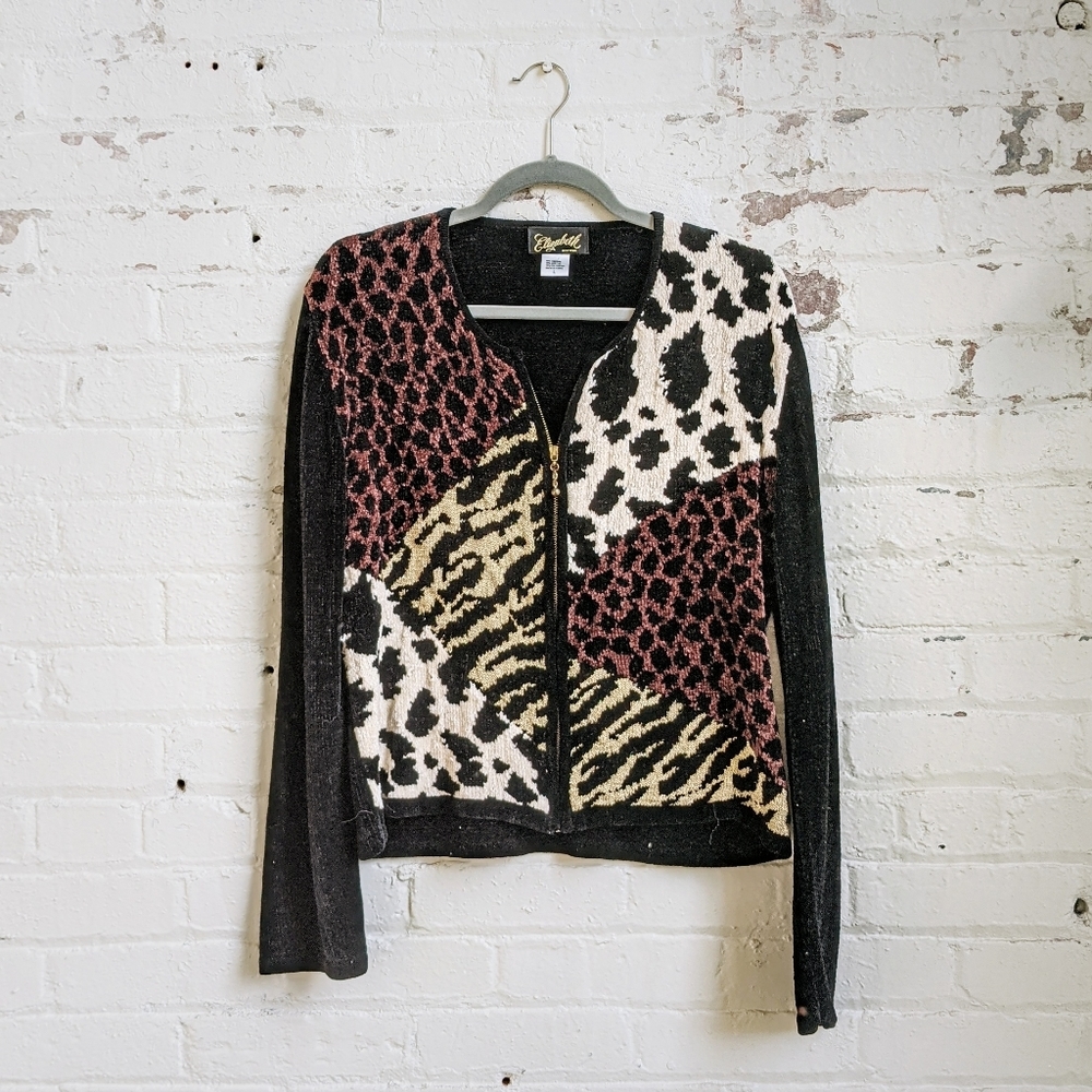 Animal Print Chenille Zip Up Cardigan